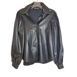 ZARA  Black Vegan Leather button up blouse puff long‎ sleeve, Medium Photo 1