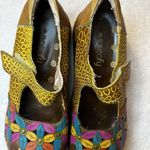 Socofy Leather 7 Mary Jane Shoe Flower Embossed Blue Yellow Green Platform Brown Photo 3