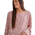 Daytrip  Women's Red Floral Print Boat Neck Long Sleeve Boho Blouse Top Size L Photo 0