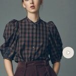 Gap NEW flannel Plaid buttons down shirt top Puff Sleeve Red and Blue XSMALL Photo 4