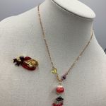 Vintage Olit Co USA Red Stones Gold Tone Brooch 1.6”& Oriental Necklace Multiple Photo 4