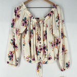 Rewind  Floral‎ Print Off The Shoulder Button Front Tie Front Long Sleeve Top Photo 0