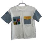 Pastel Graphic Tee Denim Sleeve‎ Pocket Smiley Face Top White Casual L Size L Photo 1