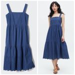Uniqlo  Blue Cotton Eyelet Smocked Tiered Midi Dress XS 100% Cotton Photo 1