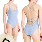 J.Crew Women’s One Piece Striped Swimsuit V-Neck Strappy Back Coastal Blue 4 Photo 2