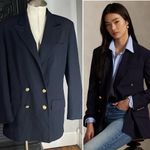 Ralph Lauren Vintage  Navy Double Breasted Wool Blazer Peak Lapel Gold‎ Buttons 6 Photo 2