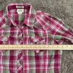 Ariat  Fitted Western Plaid Long Sleeve Snap Shirt Pink Green Metallic L Photo 2