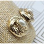 Gold Tone Round Swirl Faux Pearl Textured Clip On Earrings Fancy Wedding Formal Photo 3
