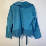 Dialogue VTG  Teal Genuine Suede Leather Draped Chiffon Ruffled Jacket Size M Y2K Photo 5