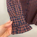 Tuckernuck  APOF Navy Plaid Ruffle High Neck Button Down Shirt‎ Size XS Photo 3