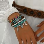 Western Lovely Vibrant‎ Turquoise Stone Beaded Stretch Bracelet Elegant Silver Brown Photo 4