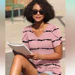 🦋 Pink and Black Striped Women's Top Casual Comfy Stretch Soft XXL Photo 0