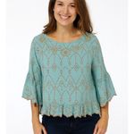 Modaposa Shirt Womens Small Turquoise Embroidered Beaded Boho Peasant Ruffle Blue Photo 0