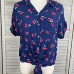 Love Note LOVE NOTES Button Front Short Sleeve Shirt Tie Waist Navy/Cherries Print-Medium Photo 0