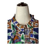 Joy Joy Dress Women Medium Blue Green Abstract Long Sleeve Ruffle Neck Mini Photo 2