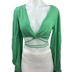 Princess Polly Green V-neck Wrap Style Tie Waist Balloon Sleeve Beach Crop Top 4 Photo 0