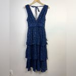 Lulus Make It Mesmerizing Navy Blue Jacquard Tiered Plunging Midi Dress S New Photo 1