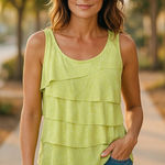 Chico's Womens Tank Top Sz 2 L 12 Lime Green White Tiered Mesh Print Chartreuse Photo 0