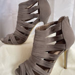 BCBGeneration BCBG Jubilees Taupe Bandage Spike 4.5” Stiletto Heels Open Toe Zipper 7.5 M 37.5 Photo 0