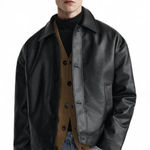 ZARA  Bomber Jacket Sz XL Black Faux Leather Back Pleat Button Down Long Sleeves Photo 0