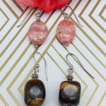 Lot of 2 Drop Dangle Natural Stone Pink & Tiger Eye Pierced Hook Earrings 1.25" Photo 0