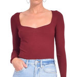 Ba&sh Burgundy Ribbed Long Sleeve Slim Top Lady T Shirt Size Medium Photo 0
