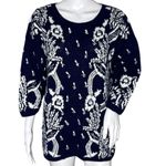 Jennifer Reed Sweater Womens Small Navy Blue White Floral Knitted by Hand Boho Photo 0