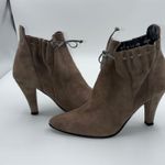 Spiegel Womens 6M Taupe Suede Pointed Toe Ankle Boots Heeled Gather Detail Retro Photo 0