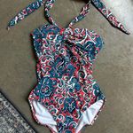 Boden red blue halter scarf bandeau one piece swimsuit nwt size 2 Photo 0