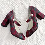 1901 Red Floral Brocade Mary Jane Heels with Pearl Detail Photo 0