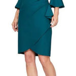 Alex Evenings Scuba Compression 3/4 Sleeve Ruffle Sheath Dress Teal size 2 Photo 0
