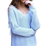 LA Hearts Pacsun Distressed Cold Shoulder Cut Out Lace Up V-neck Pullover Sweater Blue XS Photo 10