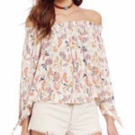 Free People  Lexington Off Shoulder Floral‎ Boho Blouse Small Tie Cuff Ivory Photo 0