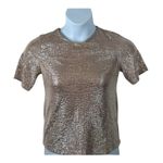 Monteau Champagne Metallic Textured Short Sleeve Top Keyhole Back Shimmer Event Photo 1
