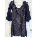 Trina Turk  Los Angeles Navy Blue Lace Overlay‎ Dress Size 6 Bell Sleeves Photo 4