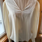 EXPRESS  Cream V Neck Long Sleeve Blouse Puff Shoulder Smocked Cuff Shirt Top L Photo 0