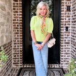 CAbi  Beaming Sweater Lemon Lime Green Puff Sleeve Crochet M Photo 1