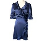 Hill House  Nima Silk Ruffle Wrap Mini Dress in Navy Blue Size Medium Photo 1