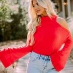 These Three Boutique Bright Red Open Shoulder Sweater Photo 2