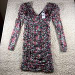 ASTR THE LABEL Black Pink Floral Mesh Ruched V Neck Long Sleeve Mini Dress M Size M Photo 0