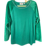 Quacker Factory Shirt Large Green Velour Sleeve Baseball Top QVC Comfy Stretchy Photo 0