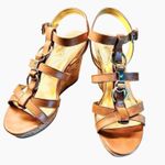 Marc Fisher Genny Brown Leather Strappy Wedge Sandals Gold Metallic Details 10M Photo 0
