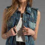 Free People Moody Blue Combo Distressed Denim Crochet Knit Macrame Cargo Vest Photo 0