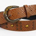 Brown Studded Yellow Rhinestone Faux Croc Leather Belt Size 12 Western Earthy Photo 0