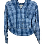 American Eagle Outfitters Womens Plaid Cropped Hoodie Shirt XXS Blue Distressed Photo 0