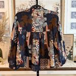 Patchwork Floral Boho Blouse Balloon Sleeve Tie Neck Oversized Fit Women’s Small Blue Photo 2