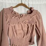 Tularosa Blush Pink Smocked Ruffle Collar Peplum Puff Long Sleeve Cropped Blouse Photo 3