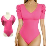 Live in the Moment  Pink V Neck Puff Sleeve Bodysuit Size Large Photo 11