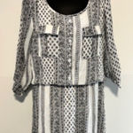 J Glee Dress L Black White Floral Striped Midi Blouson Roll Tab Casual Festival Size XL Photo 0