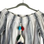 Anthropologie Lilka Off the Shoulder Pom Pom Tassel Crop Top Striped Bell Sleeve Photo 2